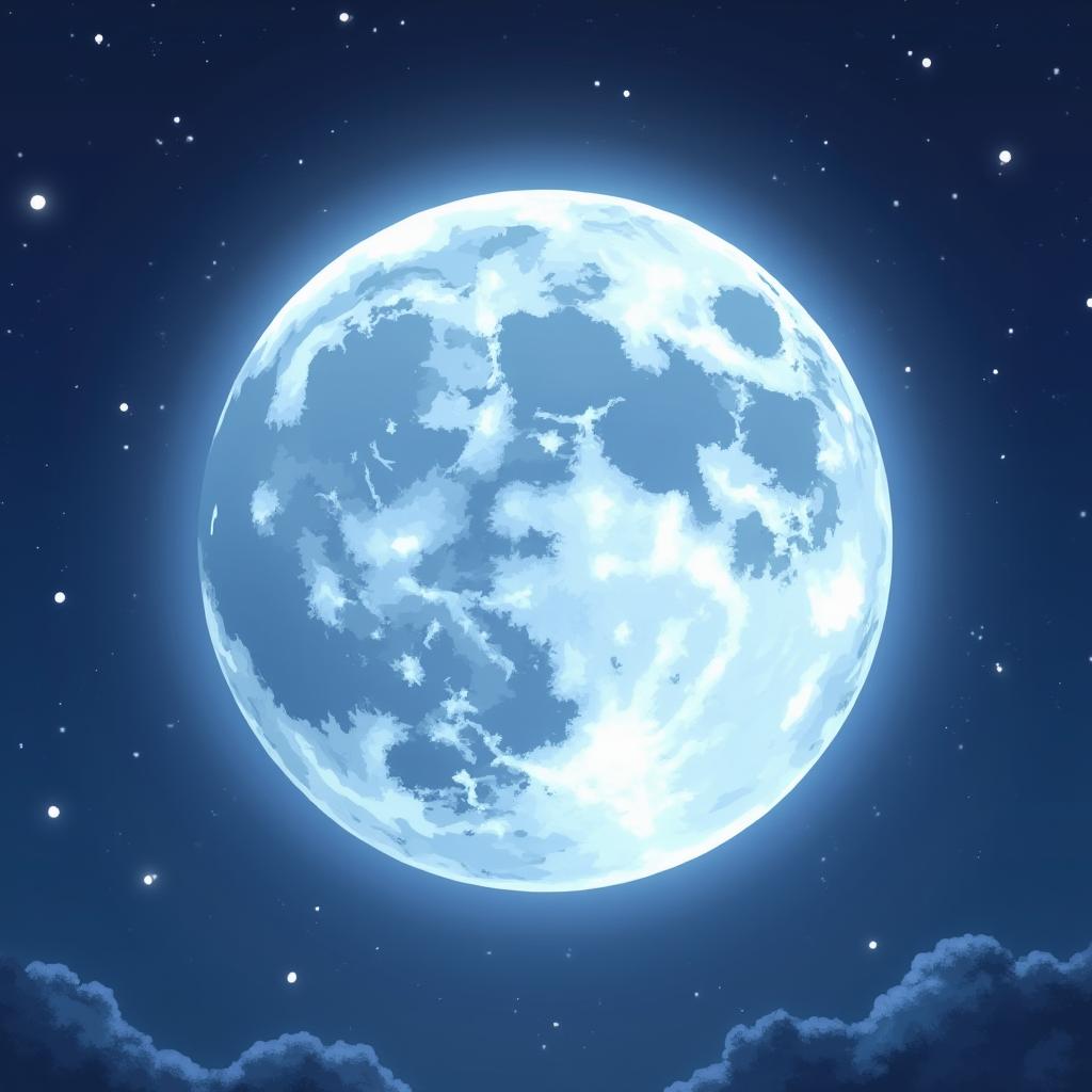Anime full moon glowing in a starry night sky with sparkles