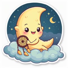 Cartoon moon character on a cloud with dreamcatcher in a whimsical night sky