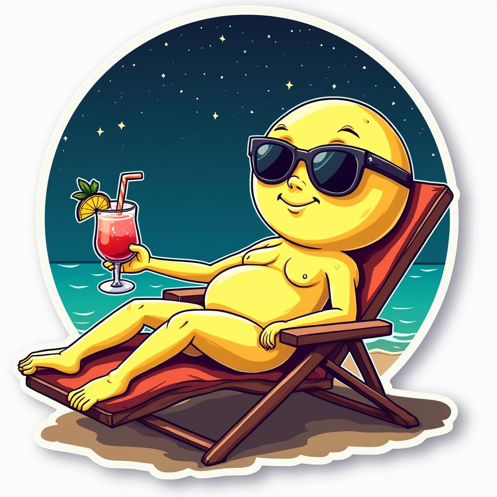 Pop culture moon wearing sunglasses lounging on a beach chair under stars