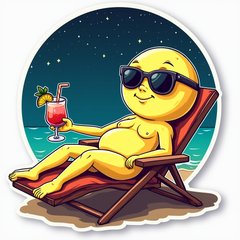 Pop culture moon wearing sunglasses lounging on a beach chair under stars