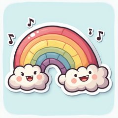 Cartoon rainbow with a cheerful face dancing in the sky