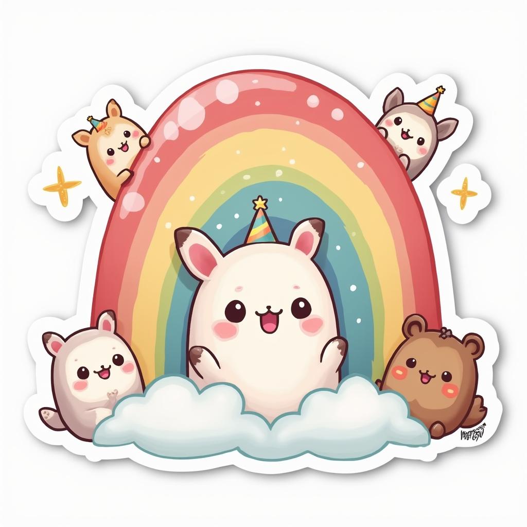 Kawaii cute rainbow with sparkles and happy animals