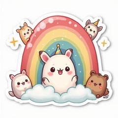 Kawaii cute rainbow with sparkles and happy animals