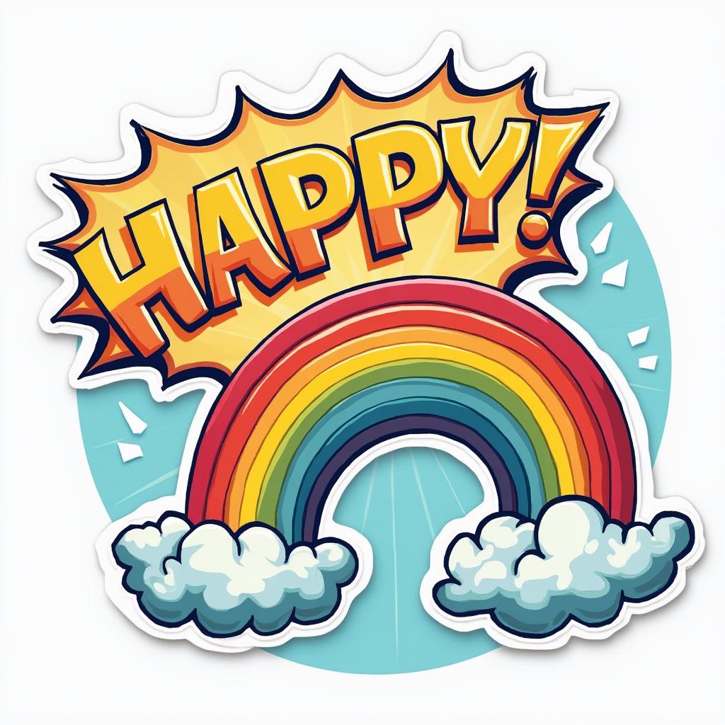 Comic book rainbow bursting through clouds with 'HAPPY!' caption