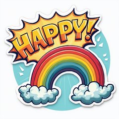 Comic book rainbow bursting through clouds with 'HAPPY!' caption