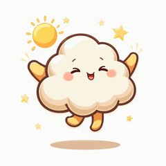 Cartoon cloud character joyfully jumping with arms raised