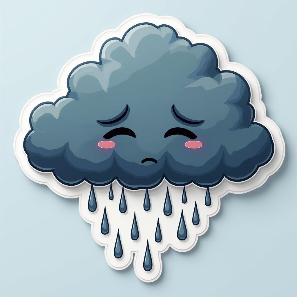 3D rendered dark cloud with sad face and pouring rain