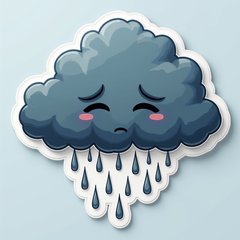 3D rendered dark cloud with sad face and pouring rain