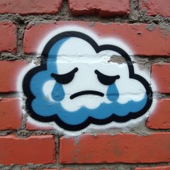 Graffiti sad cloud with tears on a brick wall
