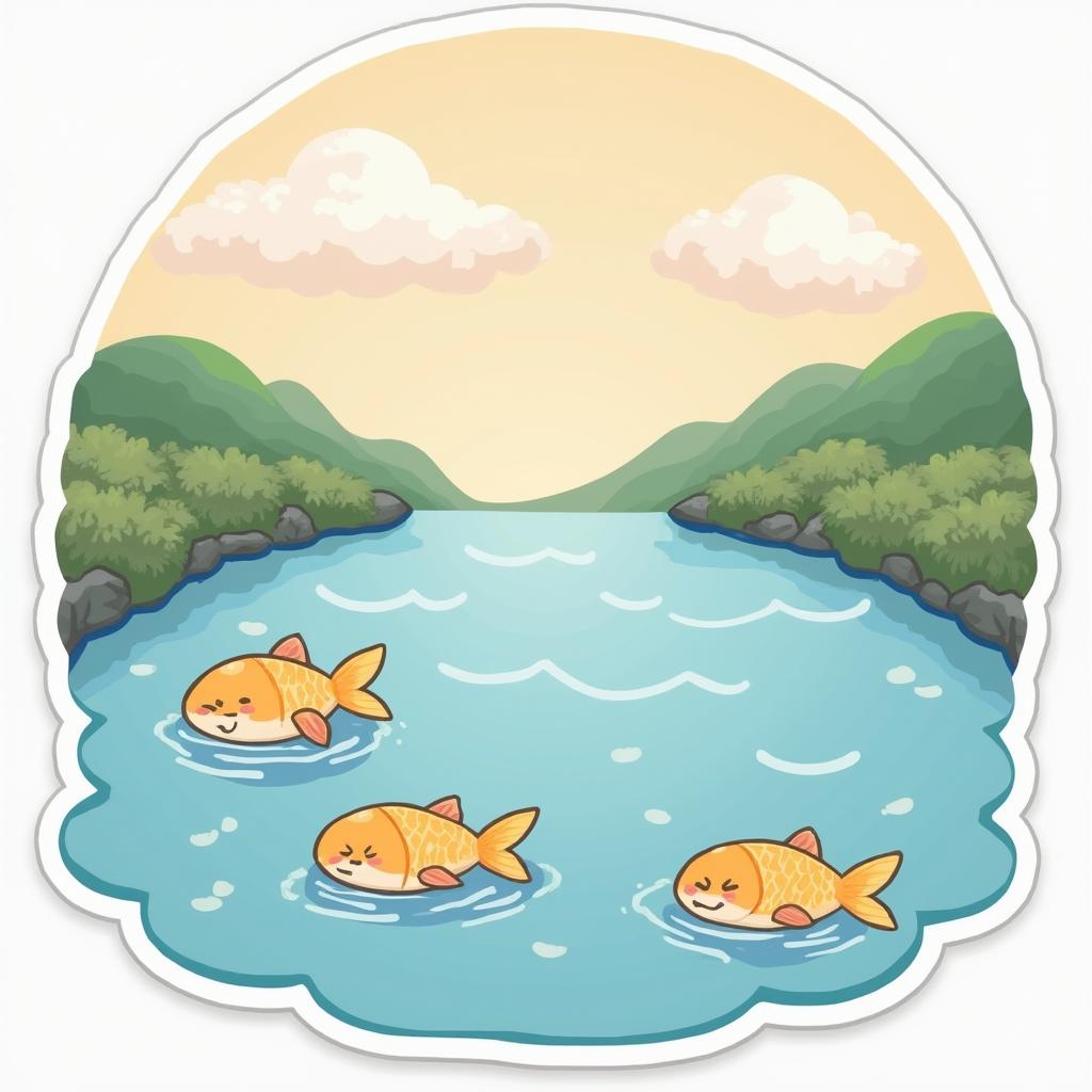 Kawaii serene river with smiling fish and soft waves