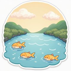 Kawaii serene river with smiling fish and soft waves
