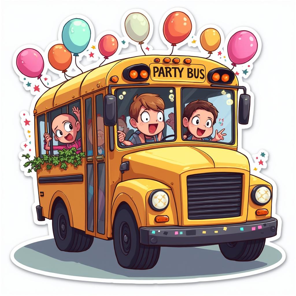 Cartoon party bus with colorful lights and excited characters