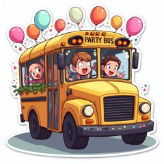 Cartoon party bus with colorful lights and excited characters
