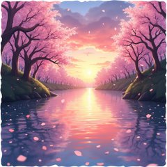 Anime scene of a tranquil river at sunset with cherry blossoms