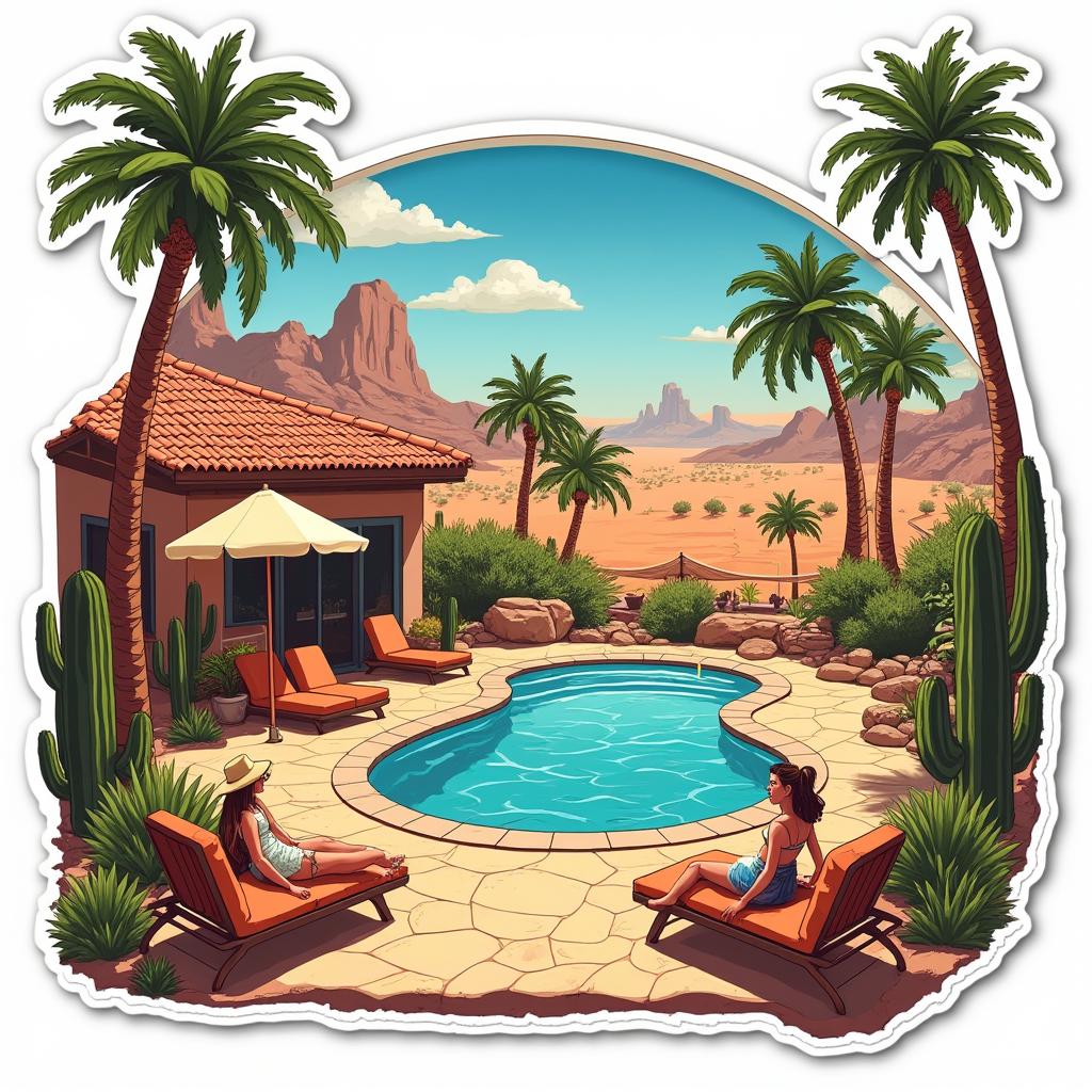 Pop culture desert oasis with characters lounging by a pool