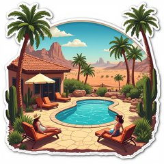 Pop culture desert oasis with characters lounging by a pool