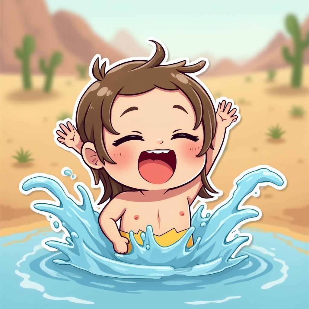 Chibi character splashing water in a desert oasis