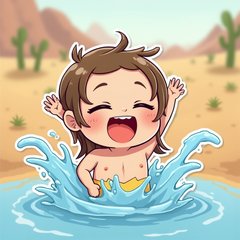 Chibi character splashing water in a desert oasis