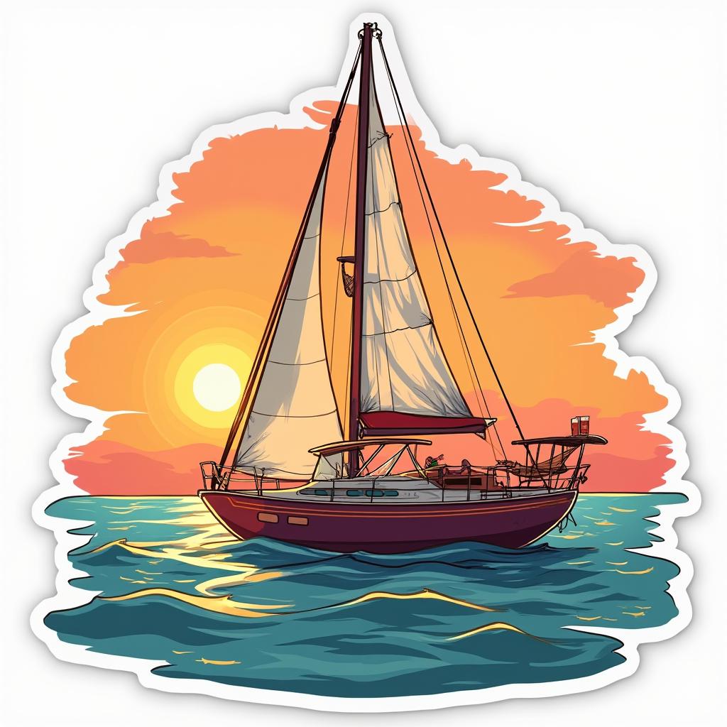 Stylish sailboat relaxing on calm waters at sunset with drinks