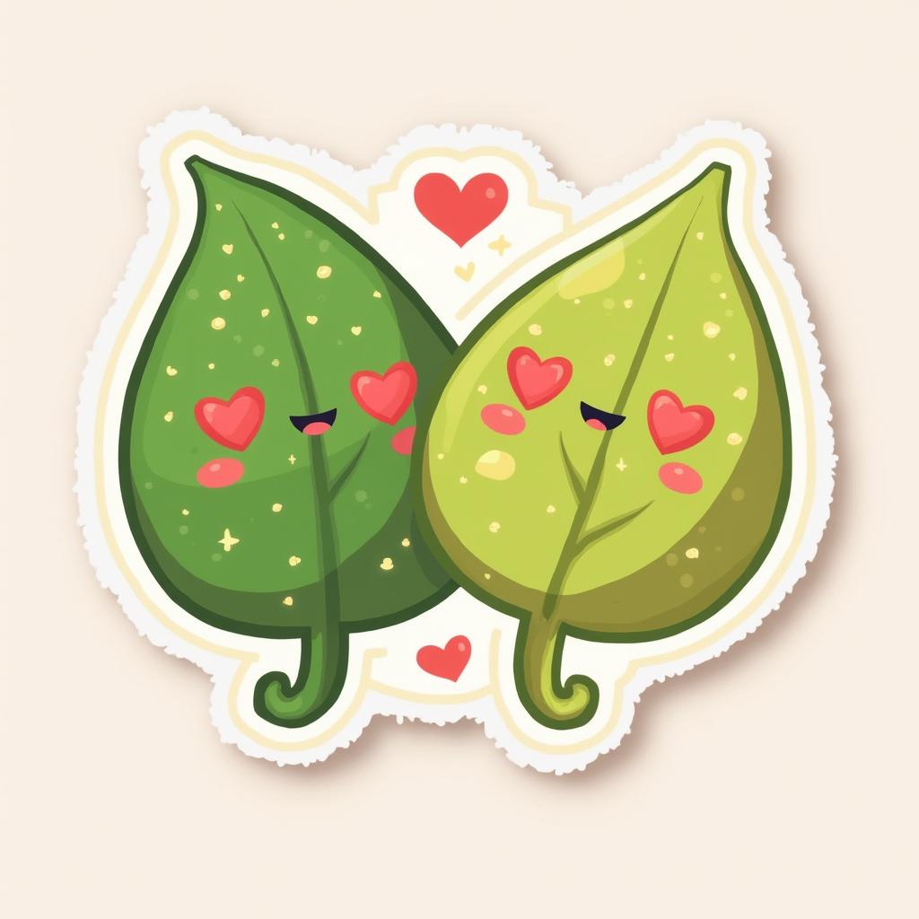 Kawaii green leaves with heart eyes smiling at each other surrounded by hearts