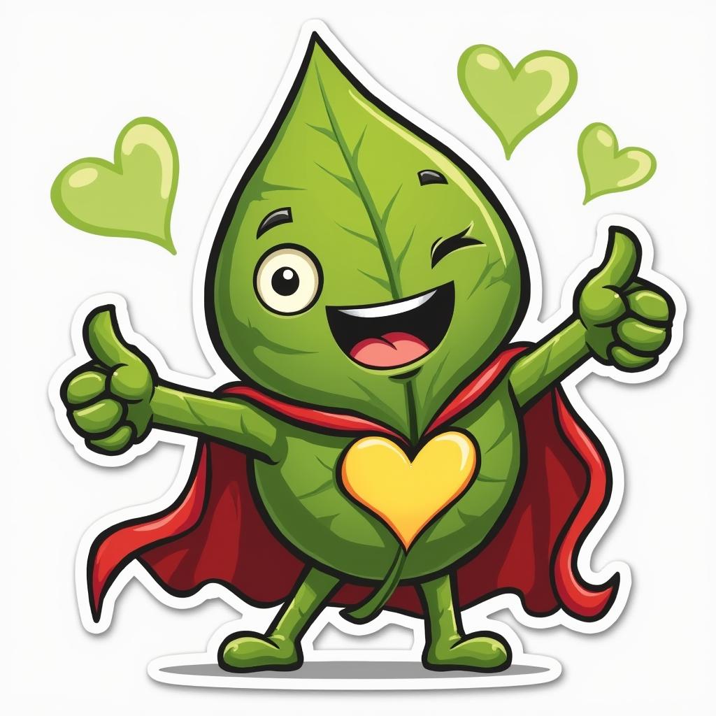 Pop culture leaf character in a superhero cape striking a heroic pose