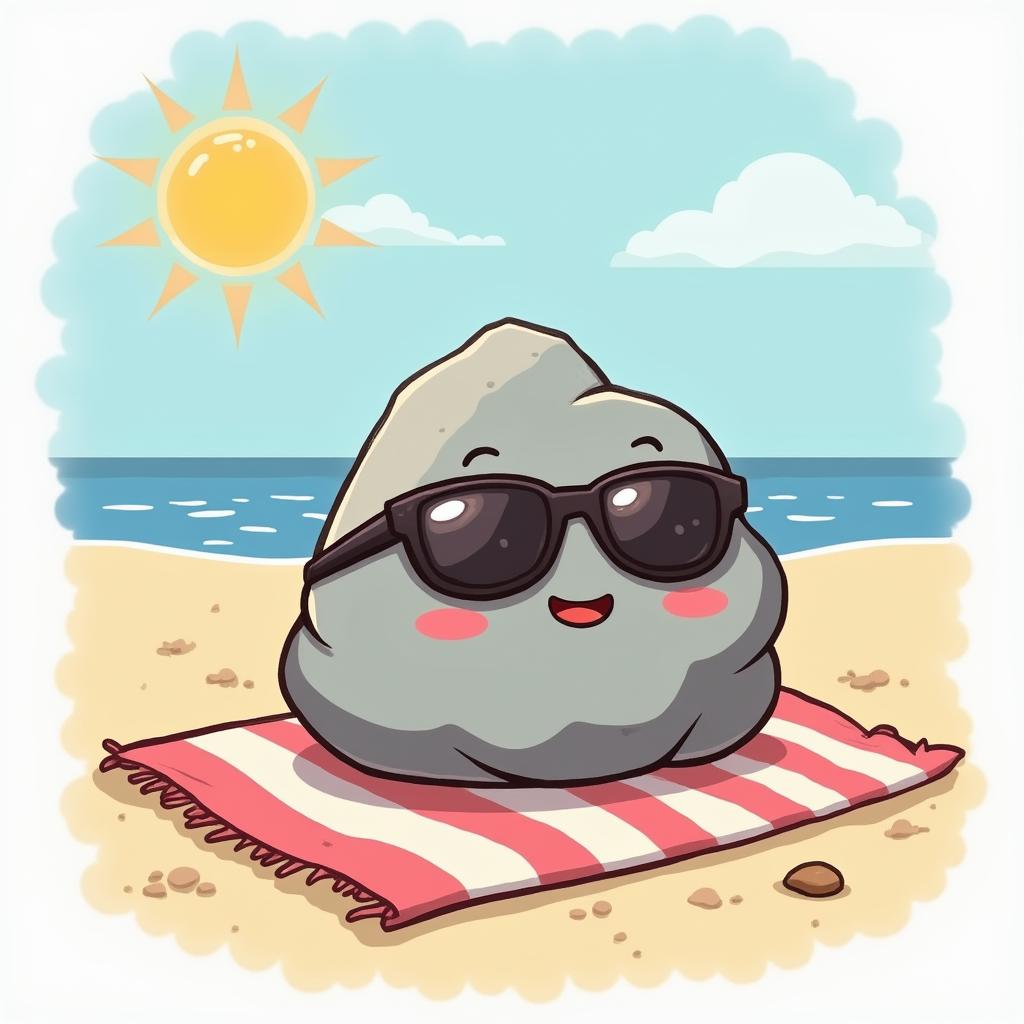 Kawaii rock with sunglasses relaxing on a beach towel