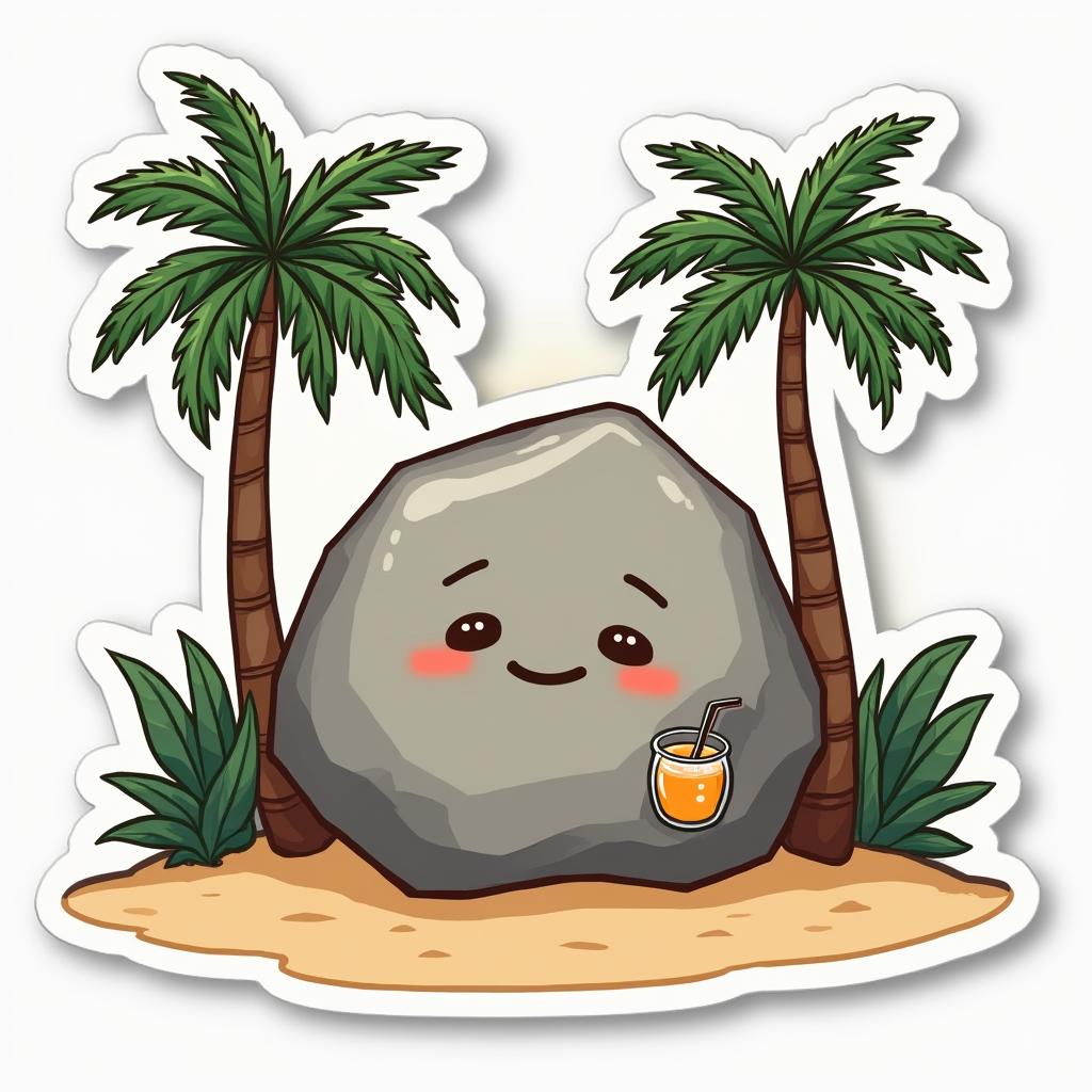 Cartoon rock with a relaxed face and drink under palm trees