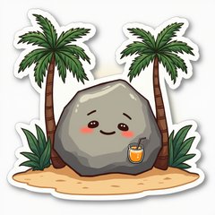 Cartoon rock with a relaxed face and drink under palm trees