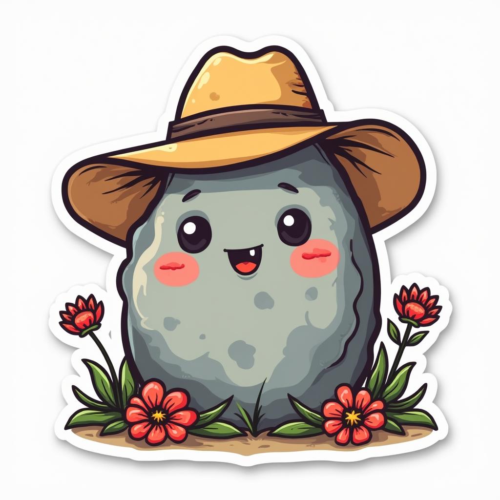 Doodle of a smiling rock with a sun hat and flowers