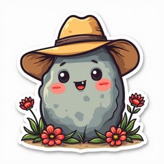 Doodle of a smiling rock with a sun hat and flowers