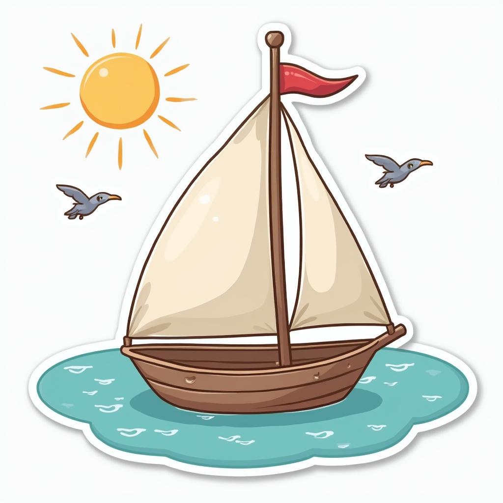 Chibi sailboat floating peacefully on the sea with birds