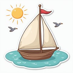 Chibi sailboat floating peacefully on the sea with birds