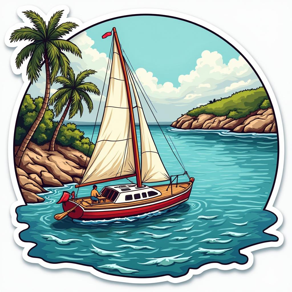Comic book sailboat in a cove surrounded by palm trees