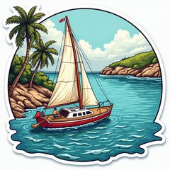 Comic book sailboat in a cove surrounded by palm trees