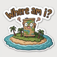 Meme-style confused character on island with map upside down