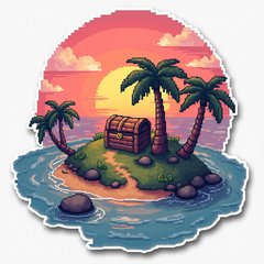 Pixel art island with treasure chest and palm trees