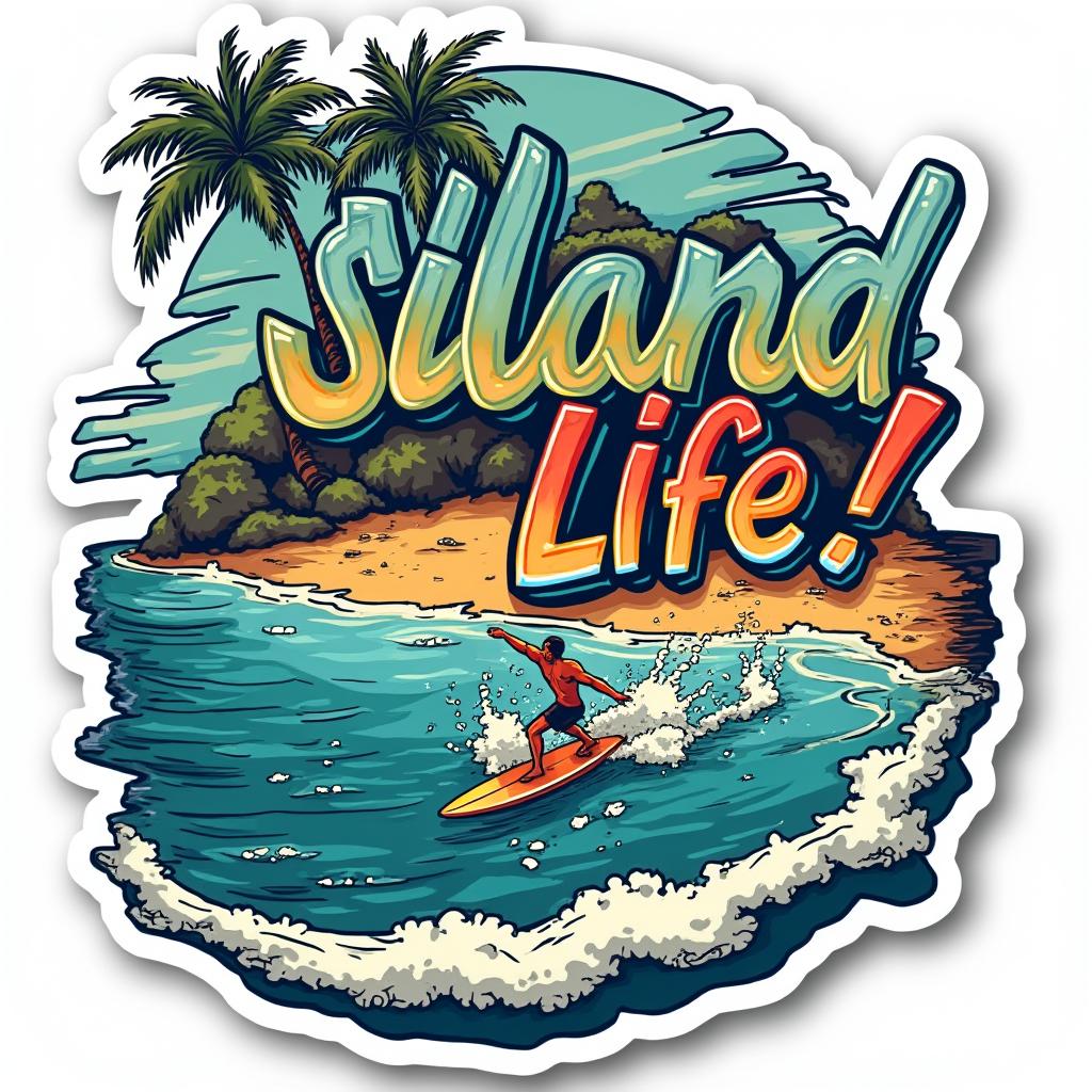 Graffiti island with surfer and text 'Island Life!'