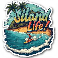 Graffiti island with surfer and text 'Island Life!'