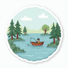 Doodle of a lake with trees, waves, and a person fishing in a boat