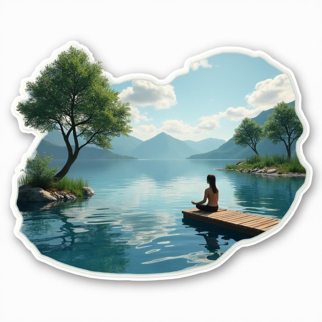 3D rendered serene lake with a person meditating on a dock