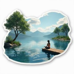 3D rendered serene lake with a person meditating on a dock