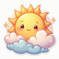 Kawaii sunset with a smiling sun and fluffy clouds in pastel colors
