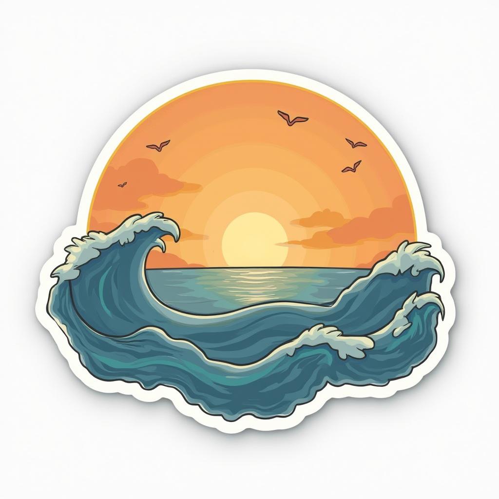 Doodle of a sunset over the ocean with waves and birds