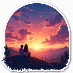 Anime sunset with vibrant colors and a couple silhouette on a hill