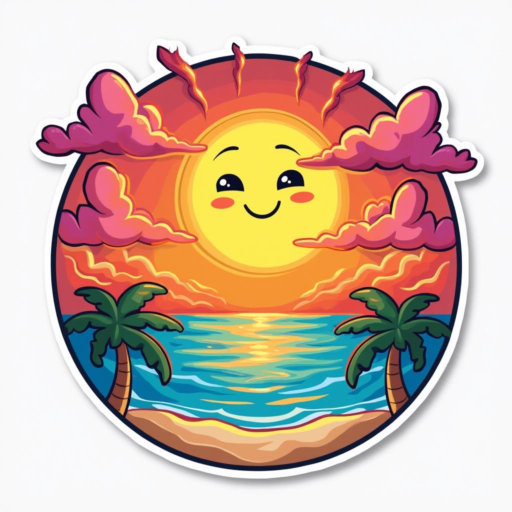 Cartoon sunset with a happy sun and colorful beach scene