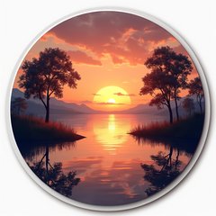 3D rendered realistic sunset over a lake with reflections and trees