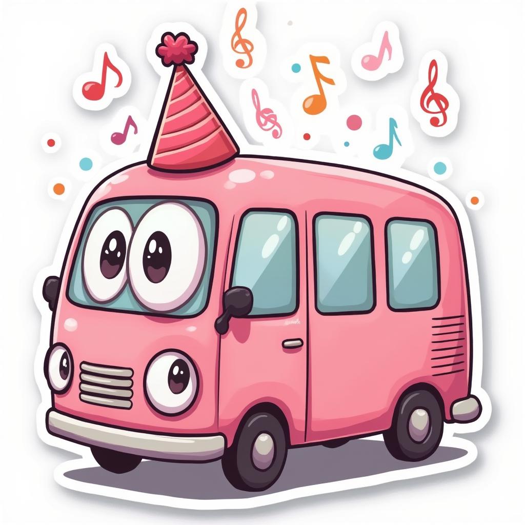 Kawaii pink bus with party hat and dancing confetti