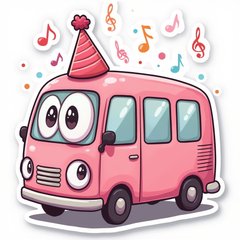 Kawaii pink bus with party hat and dancing confetti
