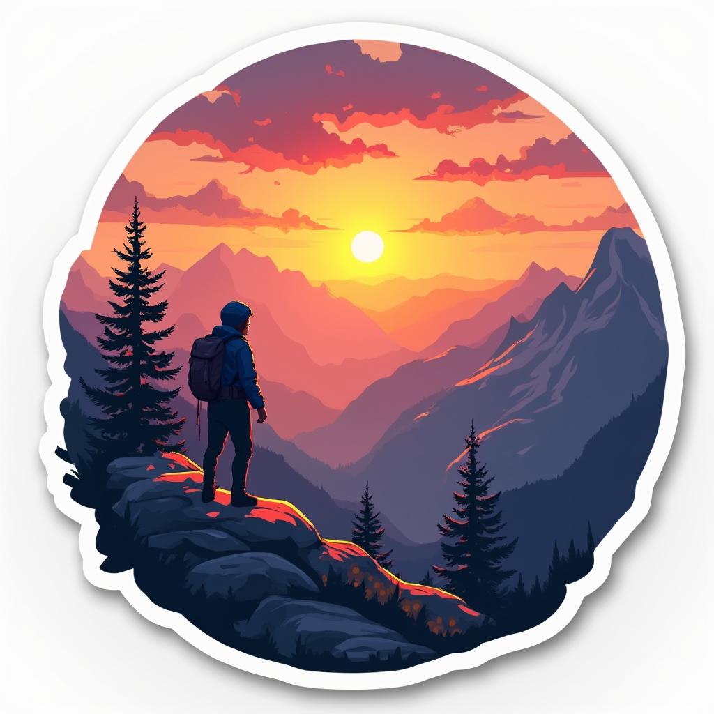 3D rendered sunset from a mountain peak with a hiker