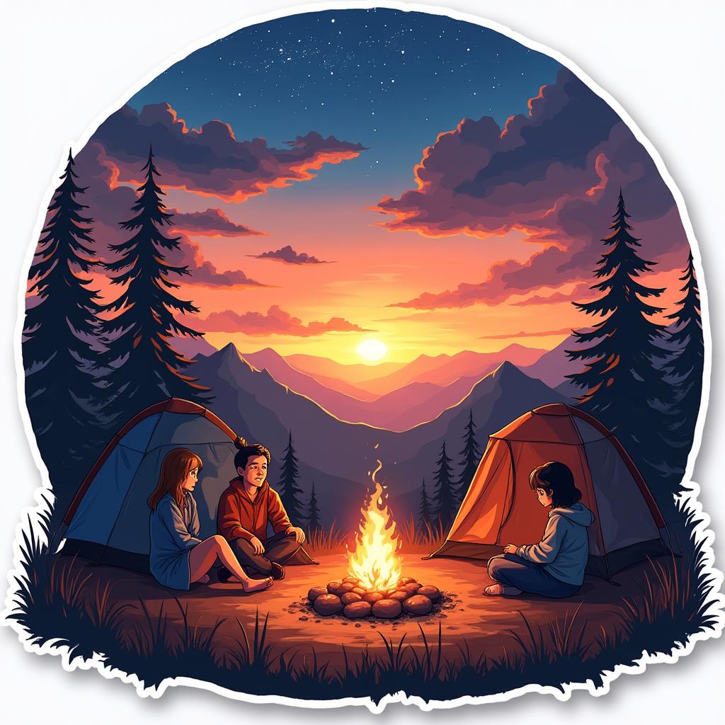 Anime sunset with friends camping and a campfire